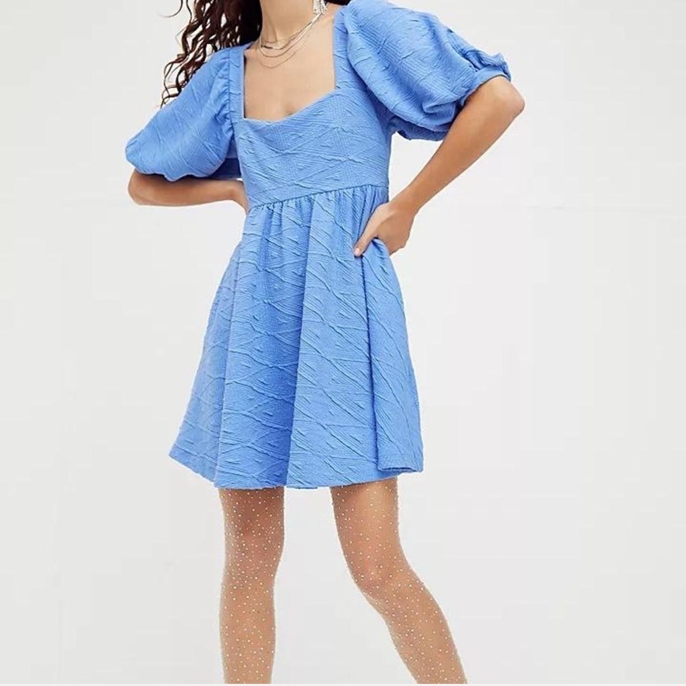 NWOT Free‎ People Violet Puff Sleeve Mini Dress Sky Blue Small - Picture 3 of 8
